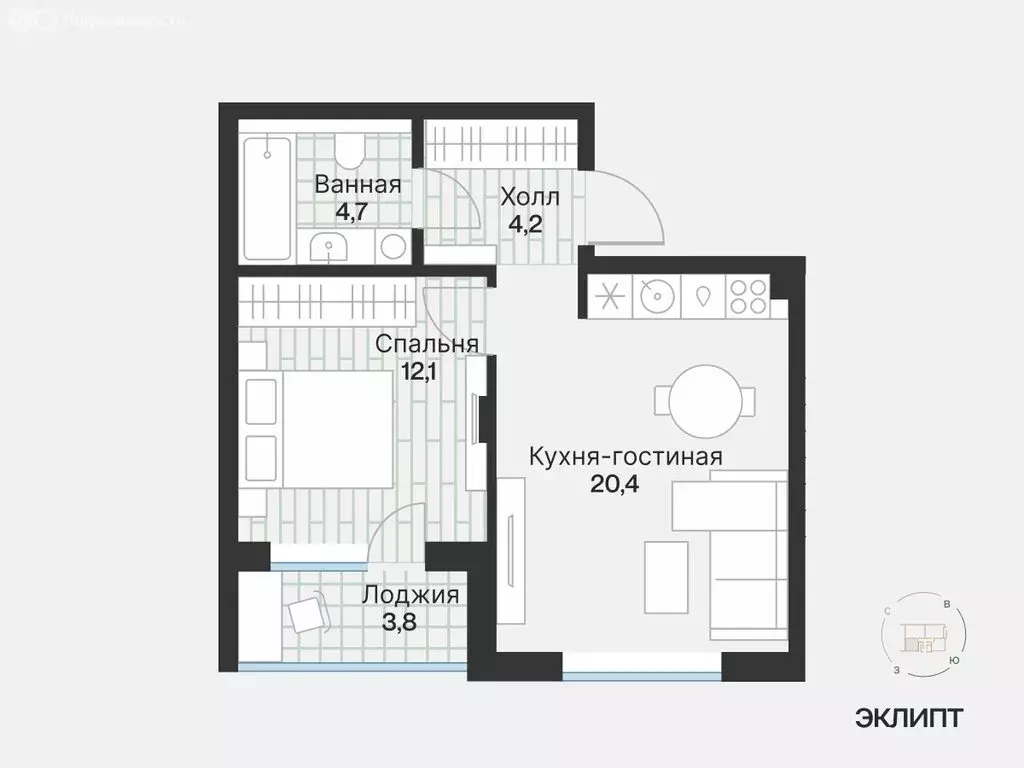 1-комнатная квартира: Тюмень, улица Игоря Комиссарова, 4 (43.19 м) - Фото 1