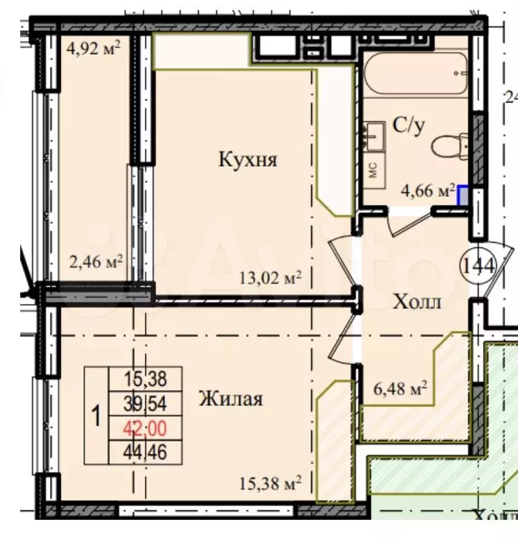 1-к. квартира, 42 м, 2/9 эт. - Фото 1