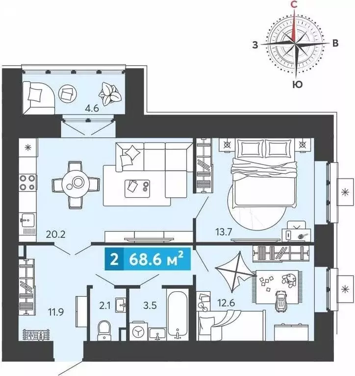 2-комнатная квартира: Засечное, Прибрежный бульвар, 5 (68.6 м) - Фото 0