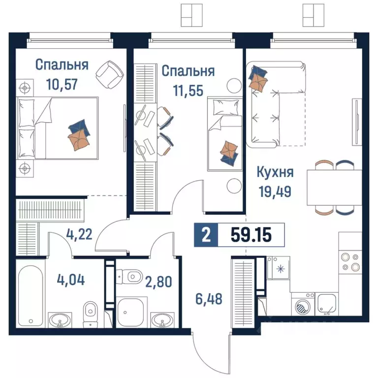 2-к кв. Ленинградская область, Мурино Всеволожский район,  (59.15 м) - Фото 0