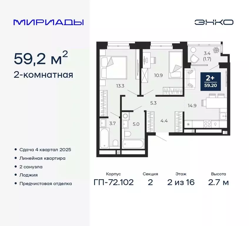 2-к кв. Тюменская область, Тюмень Мириады жилой комплекс (59.2 м) - Фото 1