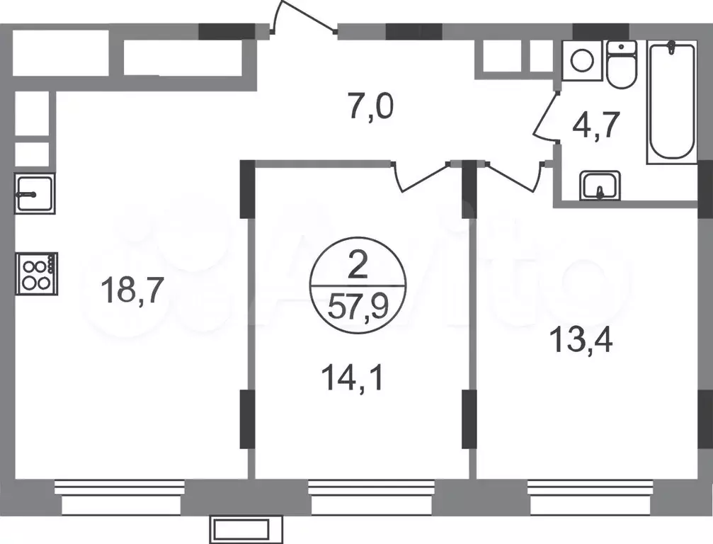 2-к. квартира, 57,9 м, 7/9 эт. - Фото 0