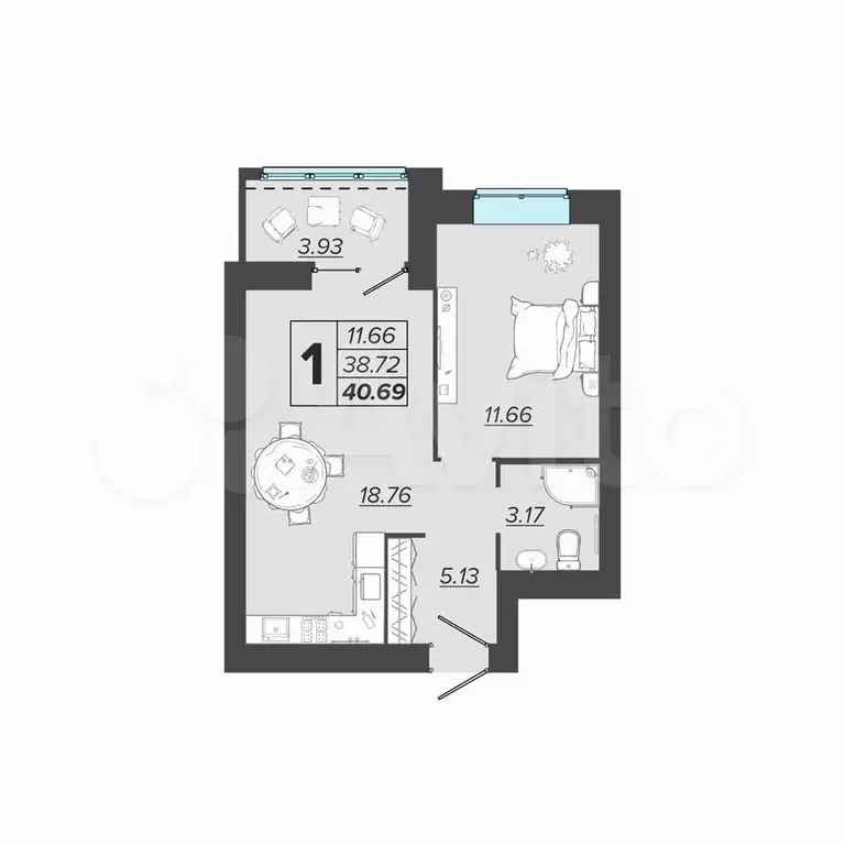 1-к. квартира, 40,7 м, 2/9 эт. - Фото 1