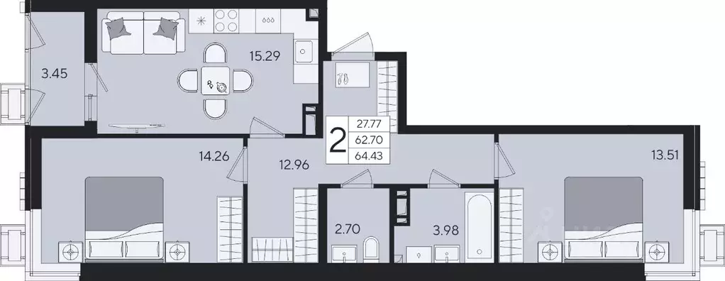 2-к кв. Краснодарский край, Краснодар  (64.43 м) - Фото 2