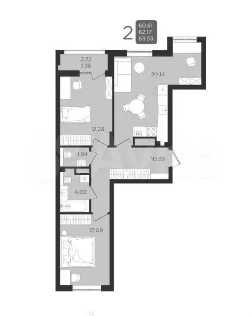 2-к. квартира, 63,5 м, 5/9 эт. - Фото 1