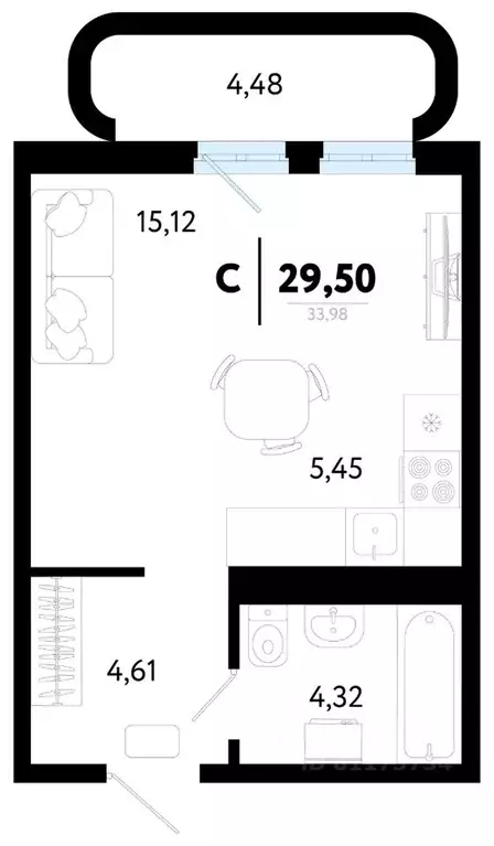1-к кв. Тюменская область, Тюмень ул. Василия Малкова, 32 (29.5 м) - Фото 0