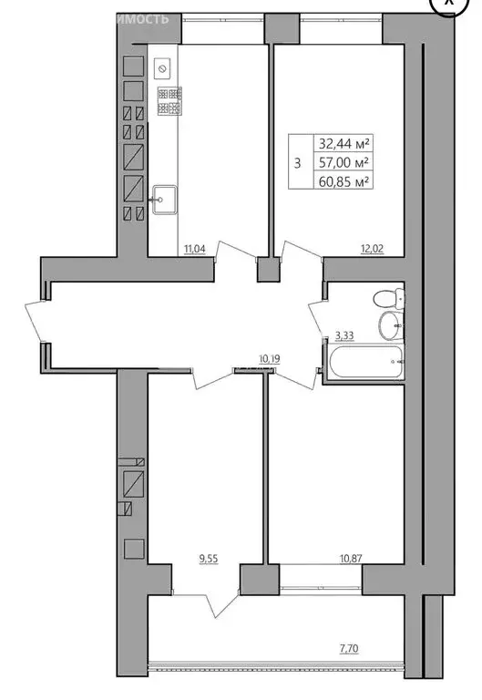 3-комнатная квартира: Кострома, Индустриальная улица, 53/5 (61 м) - Фото 1