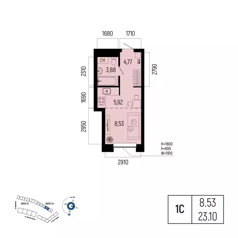 1-комнатная квартира: Уфа, улица Рудольфа Нуреева, 7 (23.1 м) - Фото 1