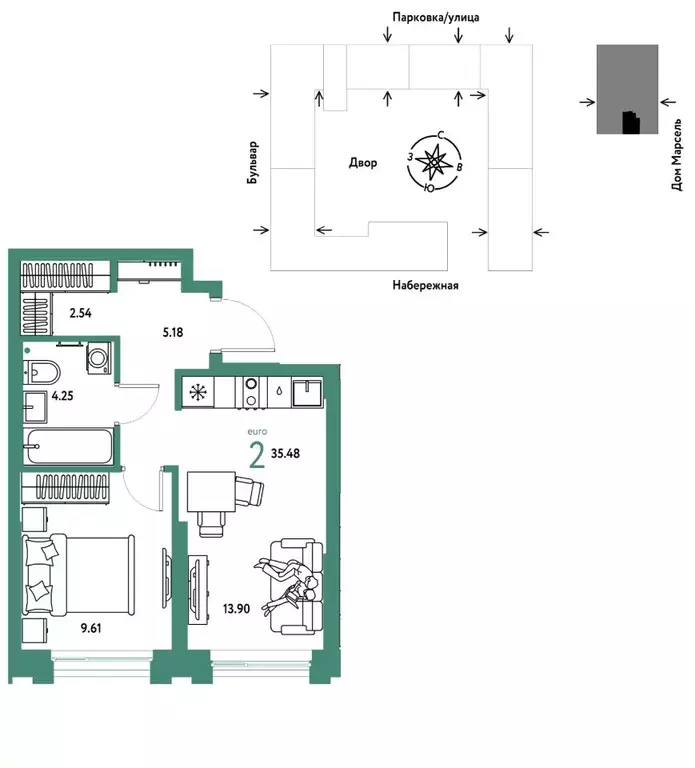 2-к кв. Тюменская область, Тюмень Береговая ул., 100к2 (35.48 м) - Фото 1