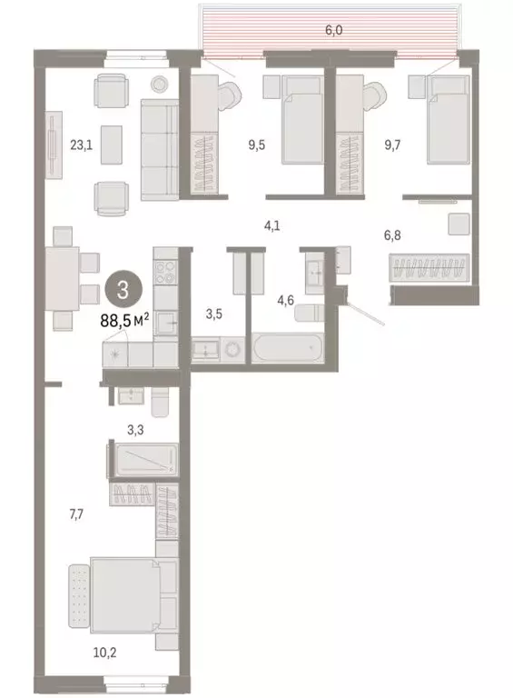 3-комнатная квартира: Тюмень, Ленинский округ (88.47 м) - Фото 1