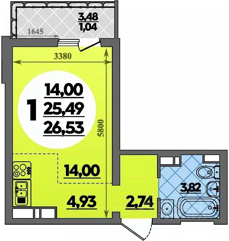 Студия Адыгея, Майкоп  (26.53 м) - Фото 0