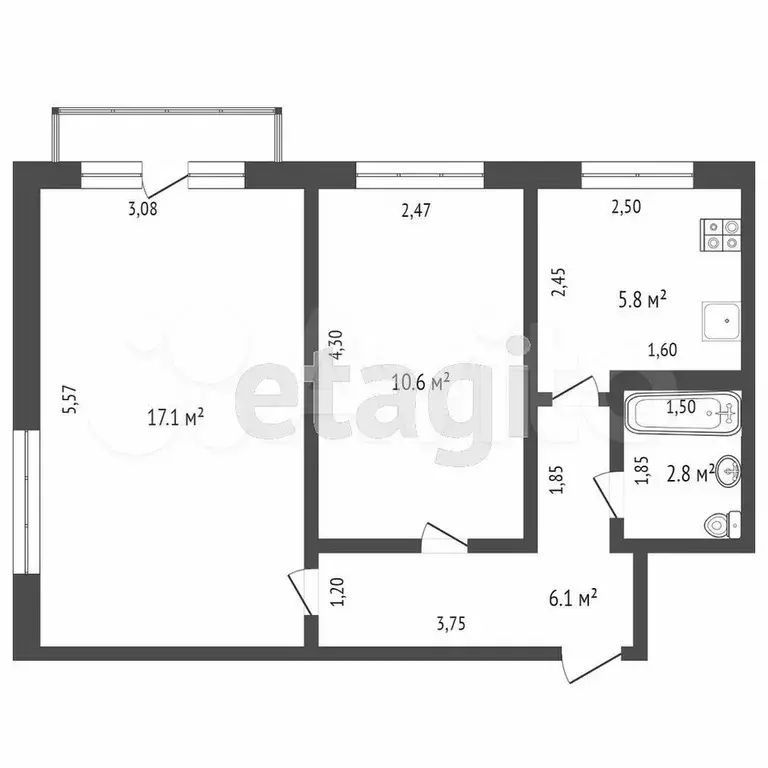 2-к. квартира, 49,3 м, 4/9 эт. - Фото 0