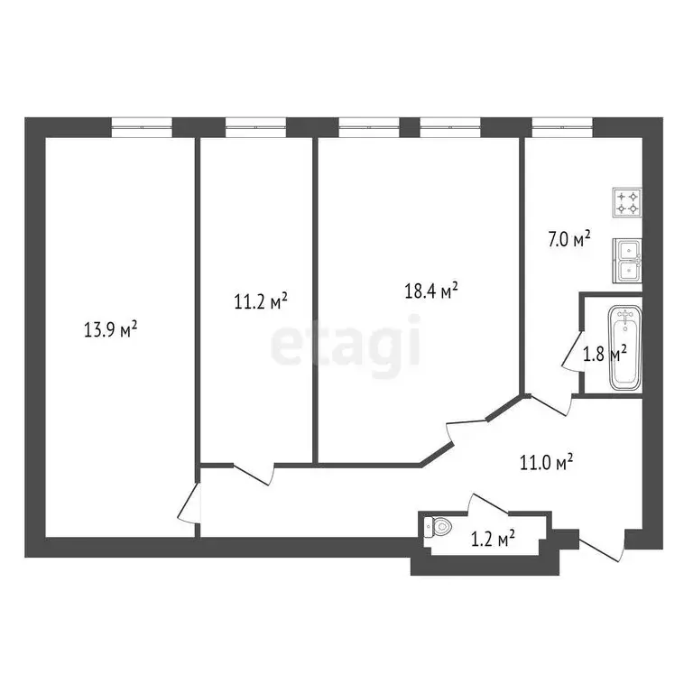 1к в 2-комнатной квартире (27 м) - Фото 1
