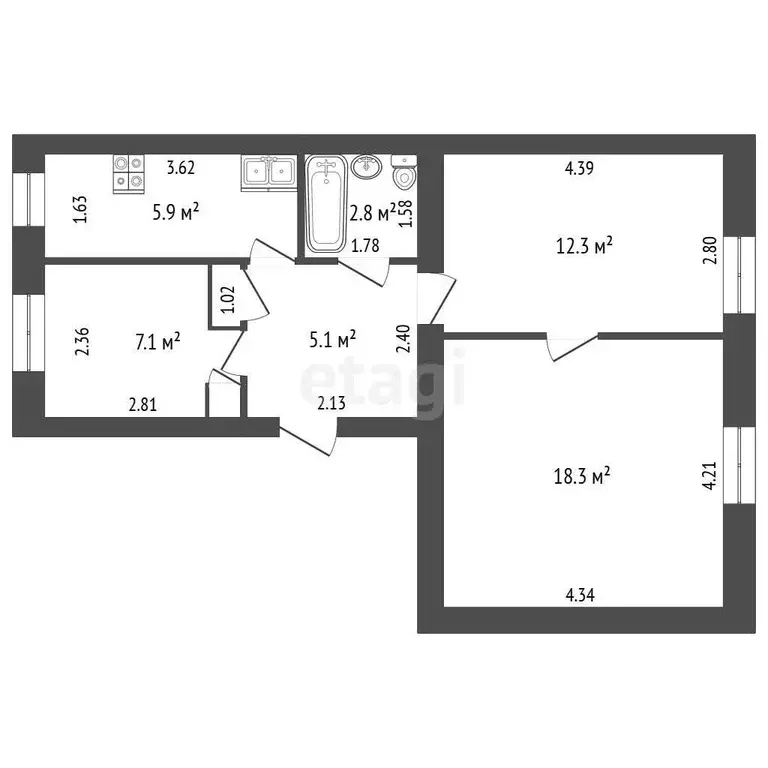 Квартира, 3 комнаты, 52.1 м - Фото 1