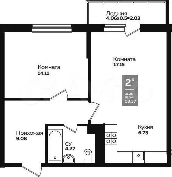 2-к. квартира, 53,4 м, 5/24 эт. - Фото 1