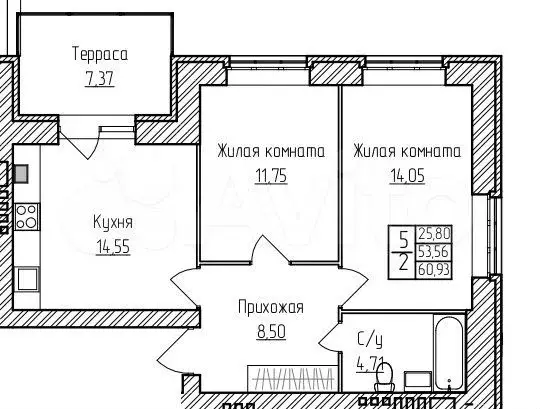 2-к. квартира, 60,9 м, 2/3 эт. - Фото 0