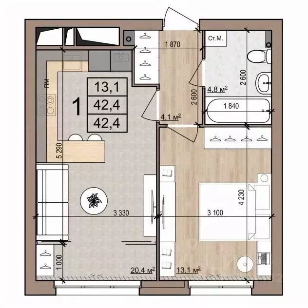 1-к кв. Рязанская область, Рязань ул. Новоселов, 33Б (42.4 м) - Фото 1