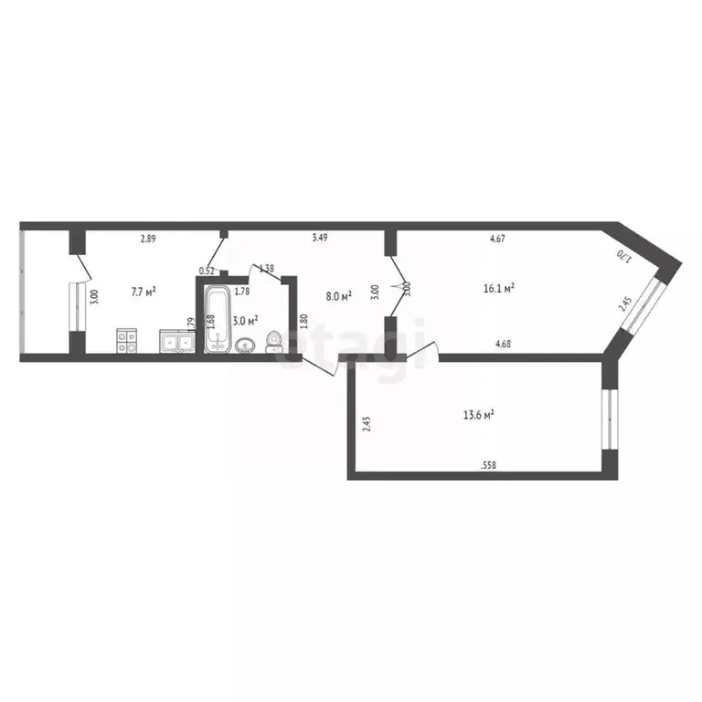 2-к кв. Архангельская область, Котлас ул. Салтыкова-Щедрина, 15А (48.4 ... - Фото 2