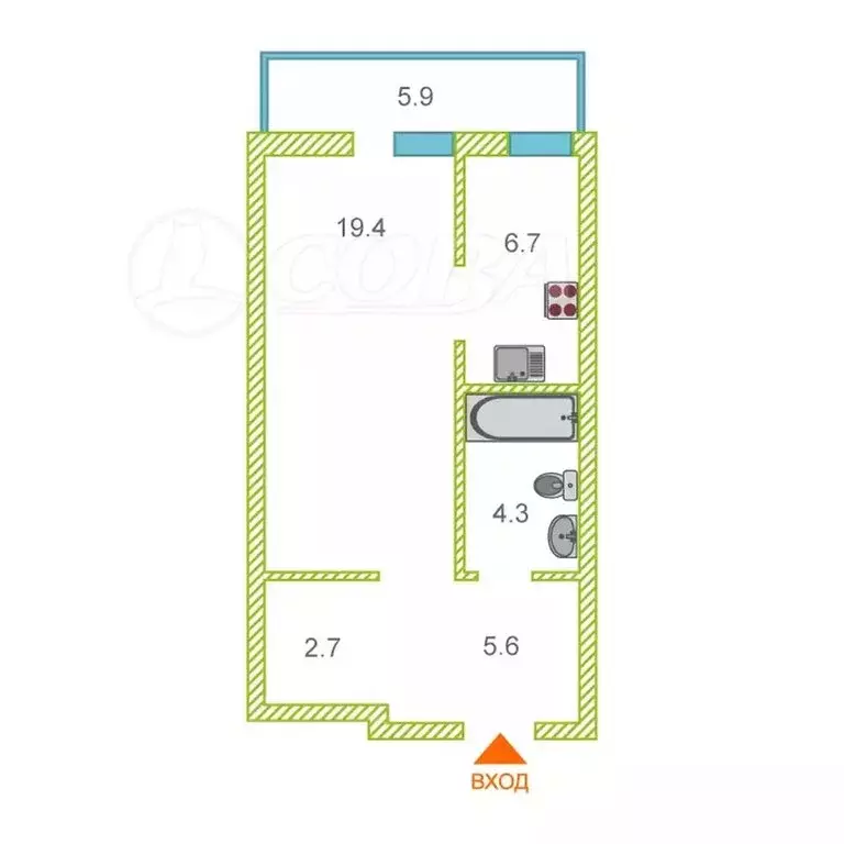 1-комнатная квартира: Курган, улица Коли Мяготина, 181 (42 м) - Фото 1