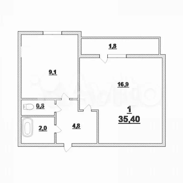 1-к. квартира, 35,4 м, 4/5 эт. - Фото 0