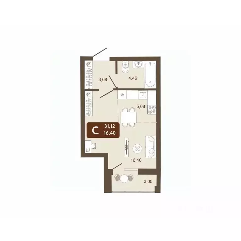 Студия Кемеровская область, Кемерово 58В мкр, 1 (31.12 м) - Фото 0