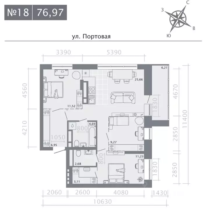 3-к кв. Татарстан, Казань Живи на Портовой жилой комплекс (76.97 м) - Фото 0