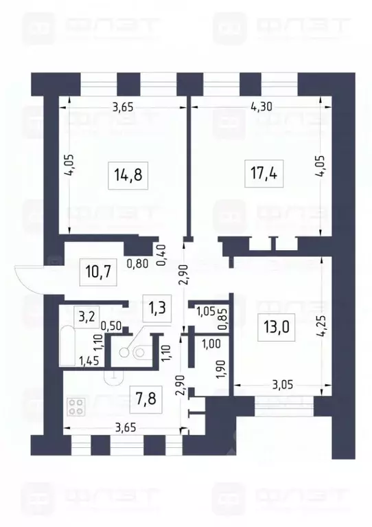 3-к кв. Татарстан, Казань ул. Чернышевского, 24/23 (71.5 м) - Фото 1