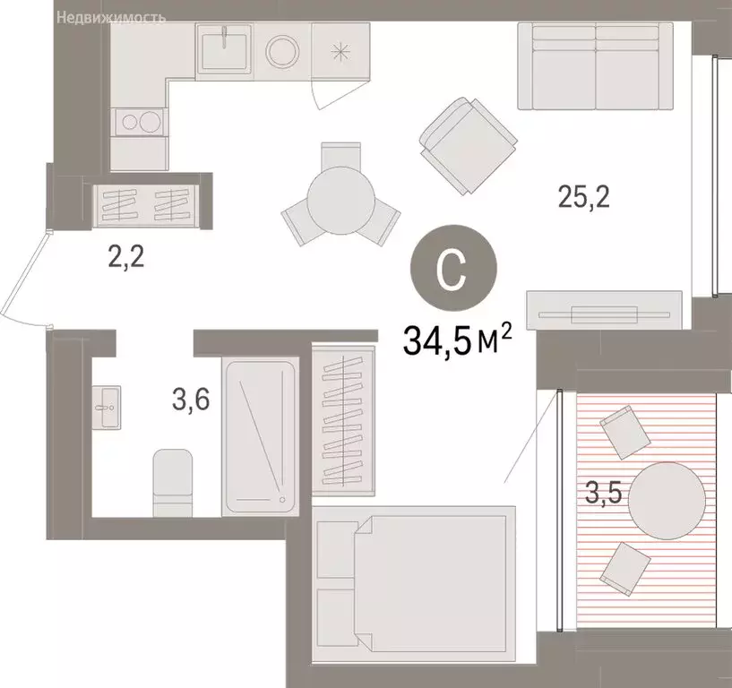 Квартира-студия: Тюмень, Урайская улица (34.45 м) - Фото 1