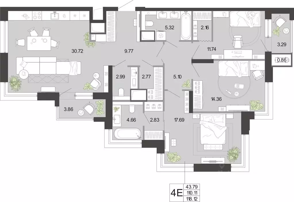 3-к кв. Тульская область, Тула Премьер Парк жилой комплекс (118.12 м) - Фото 2