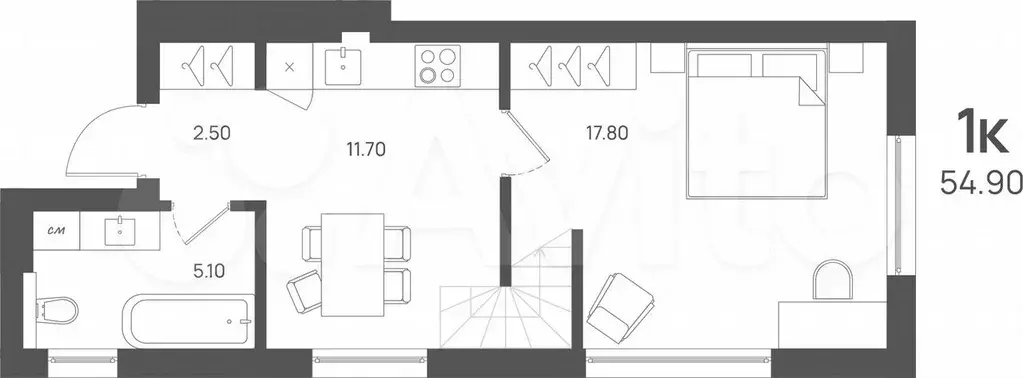 1-к. квартира, 54,9 м, 4/4 эт. - Фото 1