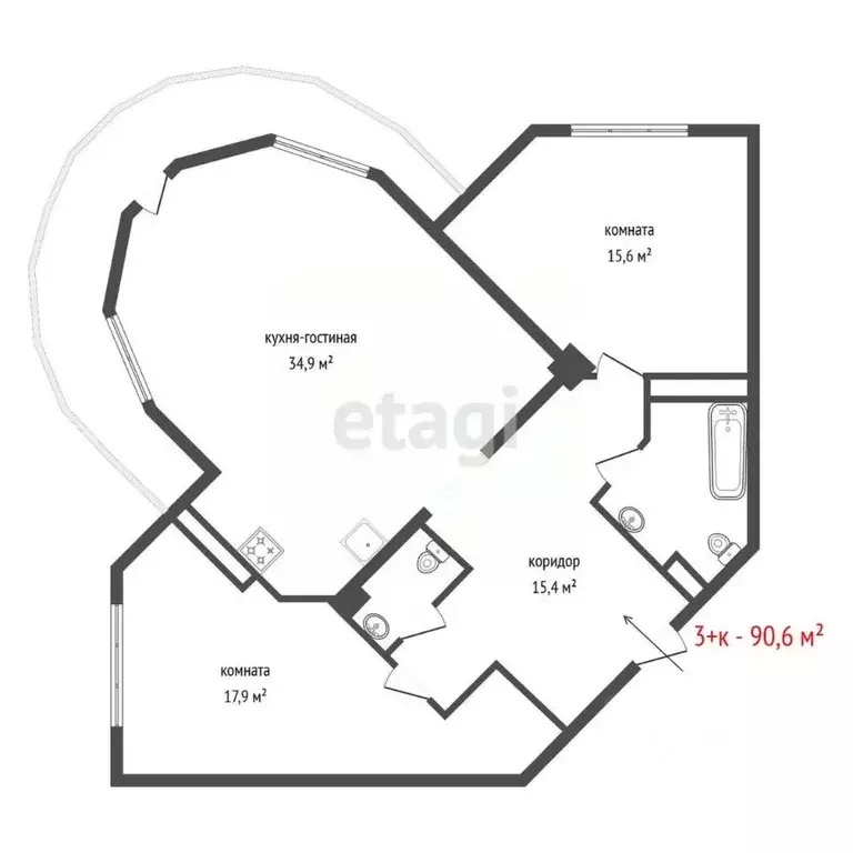 3-к кв. Свердловская область, Екатеринбург ул. Краснолесья, 30 (90.6 ... - Фото 2