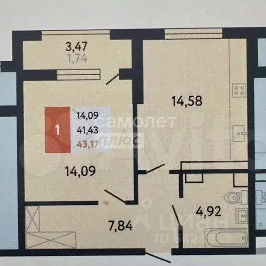 Квартира, 1 комната, 43 м - Фото 1