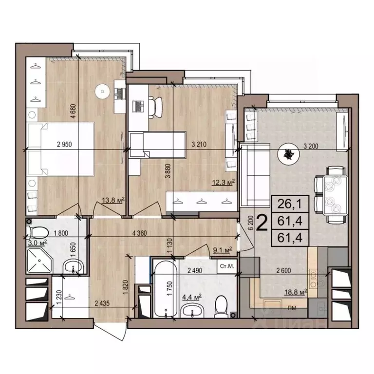 2-к кв. Рязанская область, Рязань ул. Новоселов, 33Б (61.4 м) - Фото 1