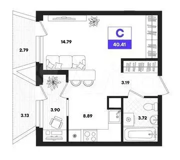 Квартира-студия, 40,4 м, 20/22 эт. - Фото 0