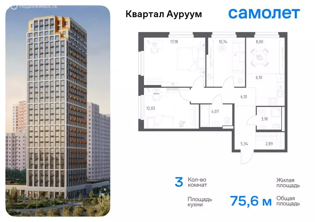 3-комнатная квартира: Екатеринбург, ЖК Квартал Ауруум, к1 (75.63 м) - Фото 0