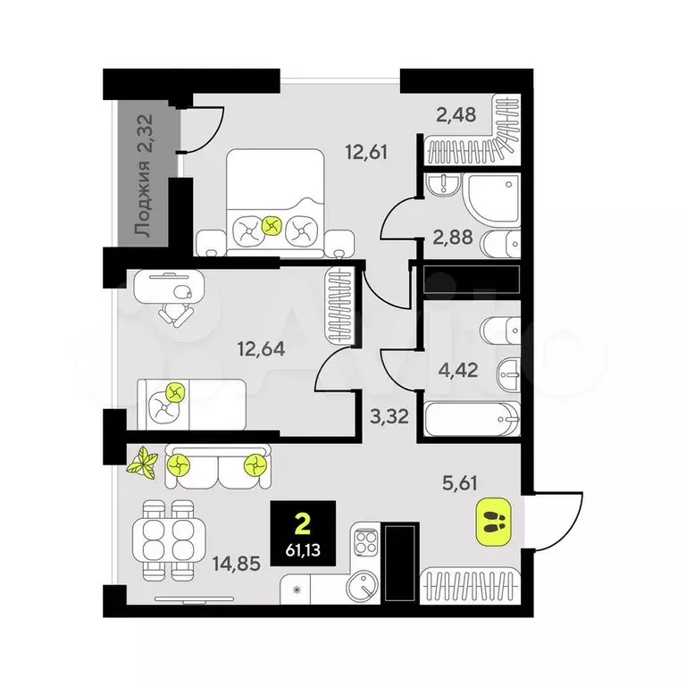 2-к. квартира, 61,1 м, 10/10 эт. - Фото 0