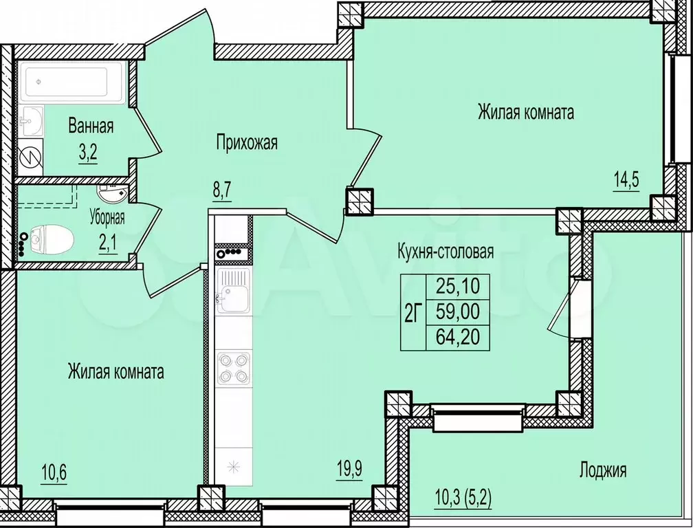 2-к. квартира, 64,2 м, 2/8 эт. - Фото 0