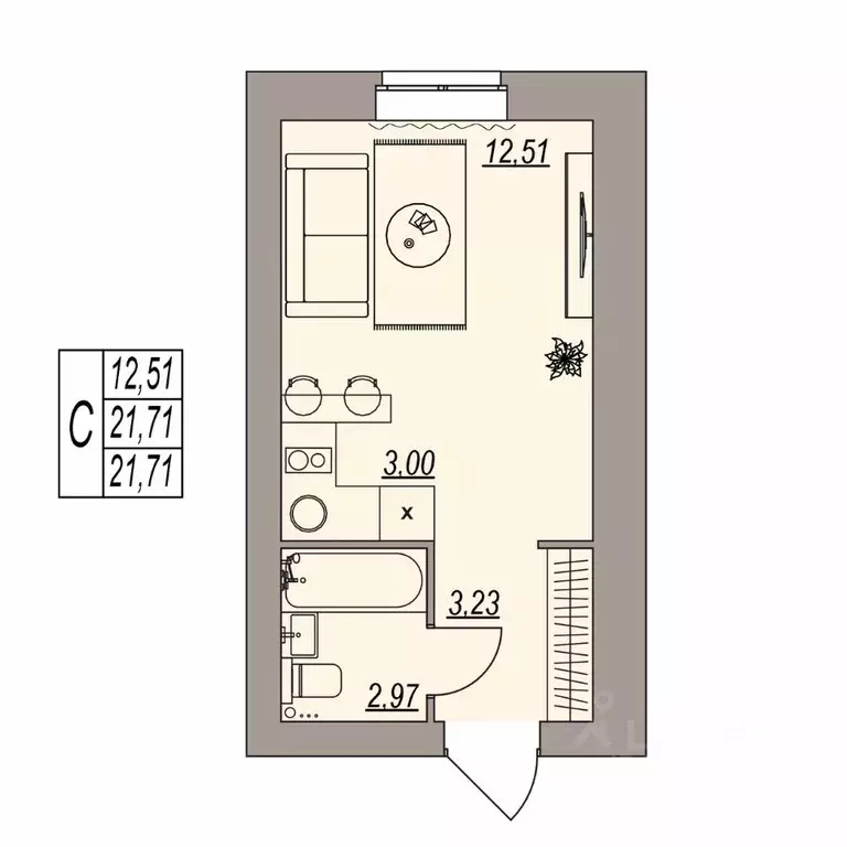 Студия Волгоградская область, Волгоград ул. Расула Гамзатова (21.71 м) - Фото 1