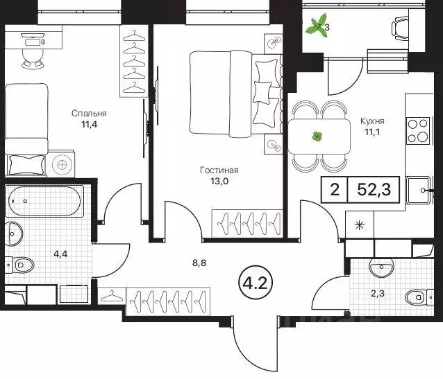 Квартира, 2 комнаты, 52.3 м - Фото 1