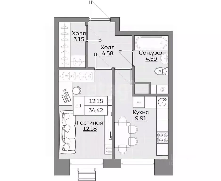 1-к кв. Татарстан, Казань Батталовский жилой комплекс (34.41 м) - Фото 2