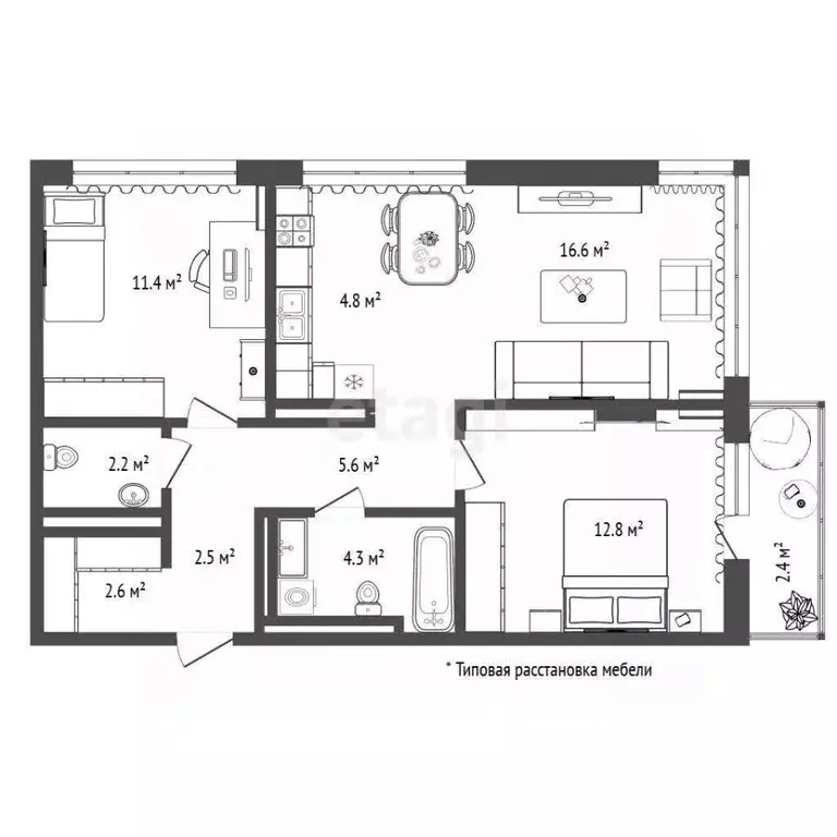 2-к кв. Тюменская область, Тюмень ул. Молодогвардейцев, 5к1 (62.8 м) - Фото 2