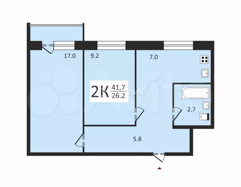 2-к. квартира, 41,7 м, 4/5 эт. - Фото 0