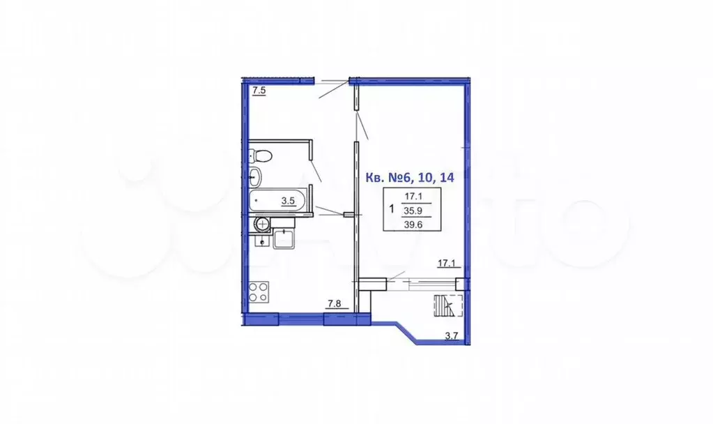 1-к. квартира, 39,6м, 4/4эт. - Фото 1