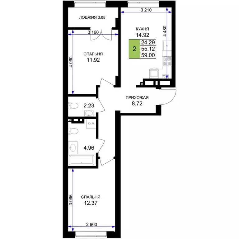 2-к кв. Калининградская область, Гурьевск Включи жилой комплекс (59.0 ... - Фото 1