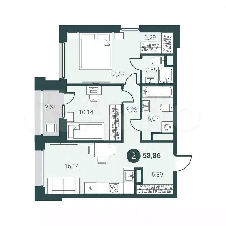 2-к. квартира, 60 м, 2/23 эт. - Фото 0