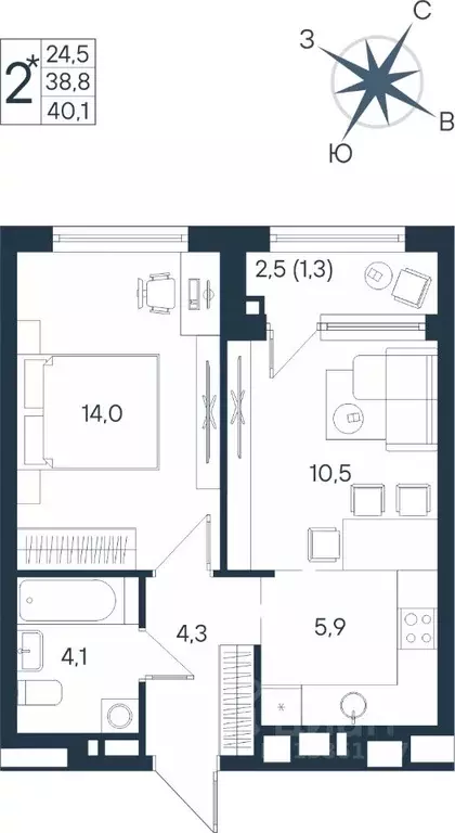Студия Пермский край, Пермь ул. Космонавта Беляева, 17 (40.1 м) - Фото 0