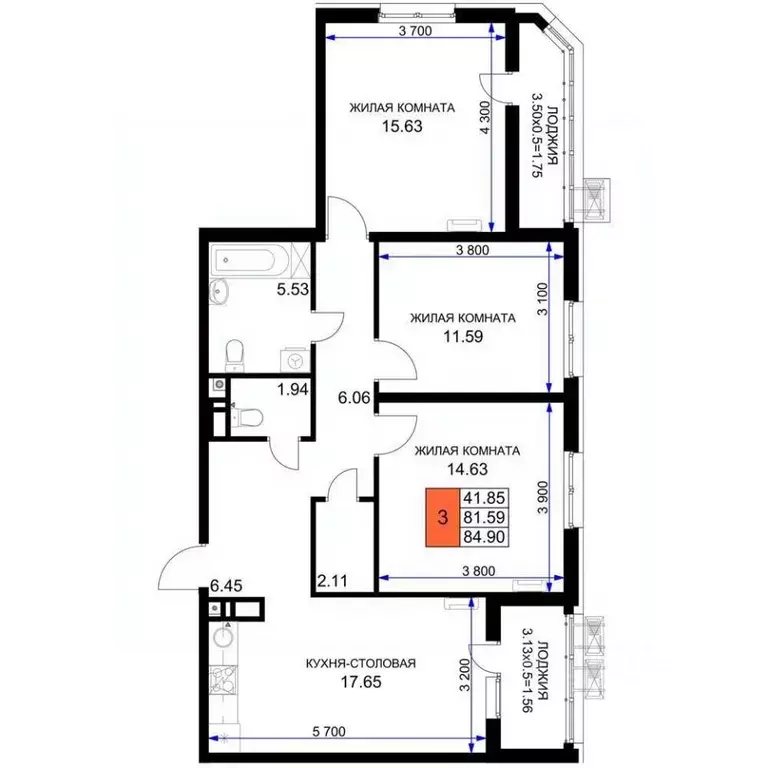 3-к кв. Краснодарский край, Краснодар Воронежская ул., 47/14 (84.9 м) - Фото 1