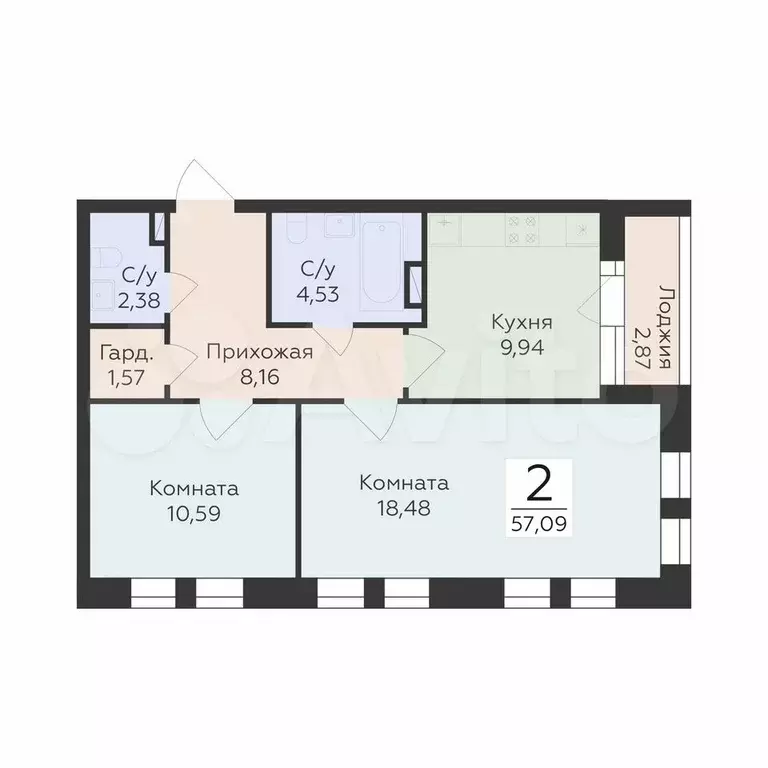 2-к. квартира, 57,1 м, 2/24 эт. - Фото 0