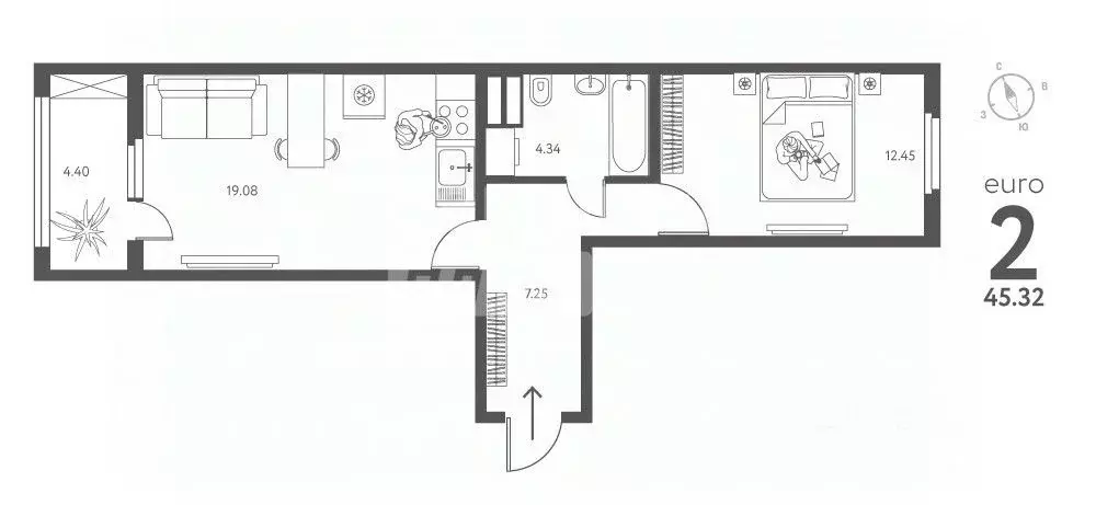 2-к кв. Липецкая область, Липецк ул. Перова, 2 (45.32 м) - Фото 2