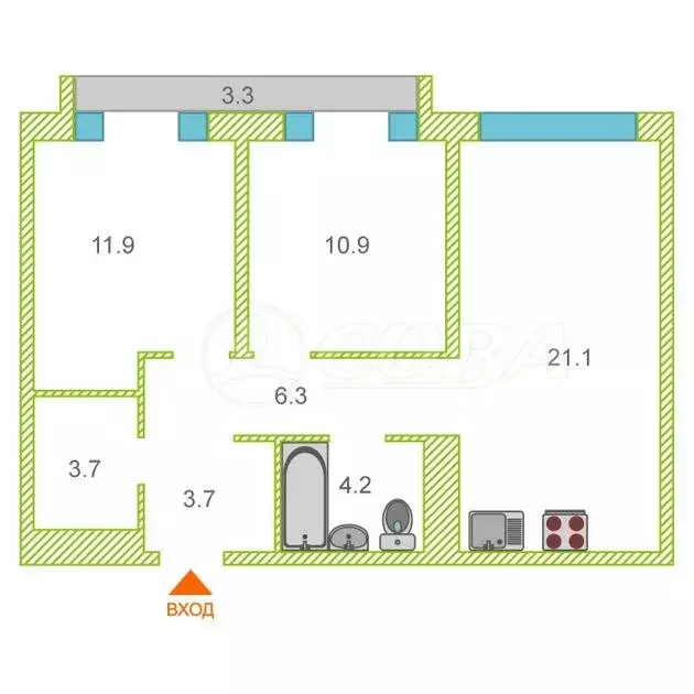 2-комнатная квартира: Тюмень, улица Газовиков, 36 (62.4 м) - Фото 1